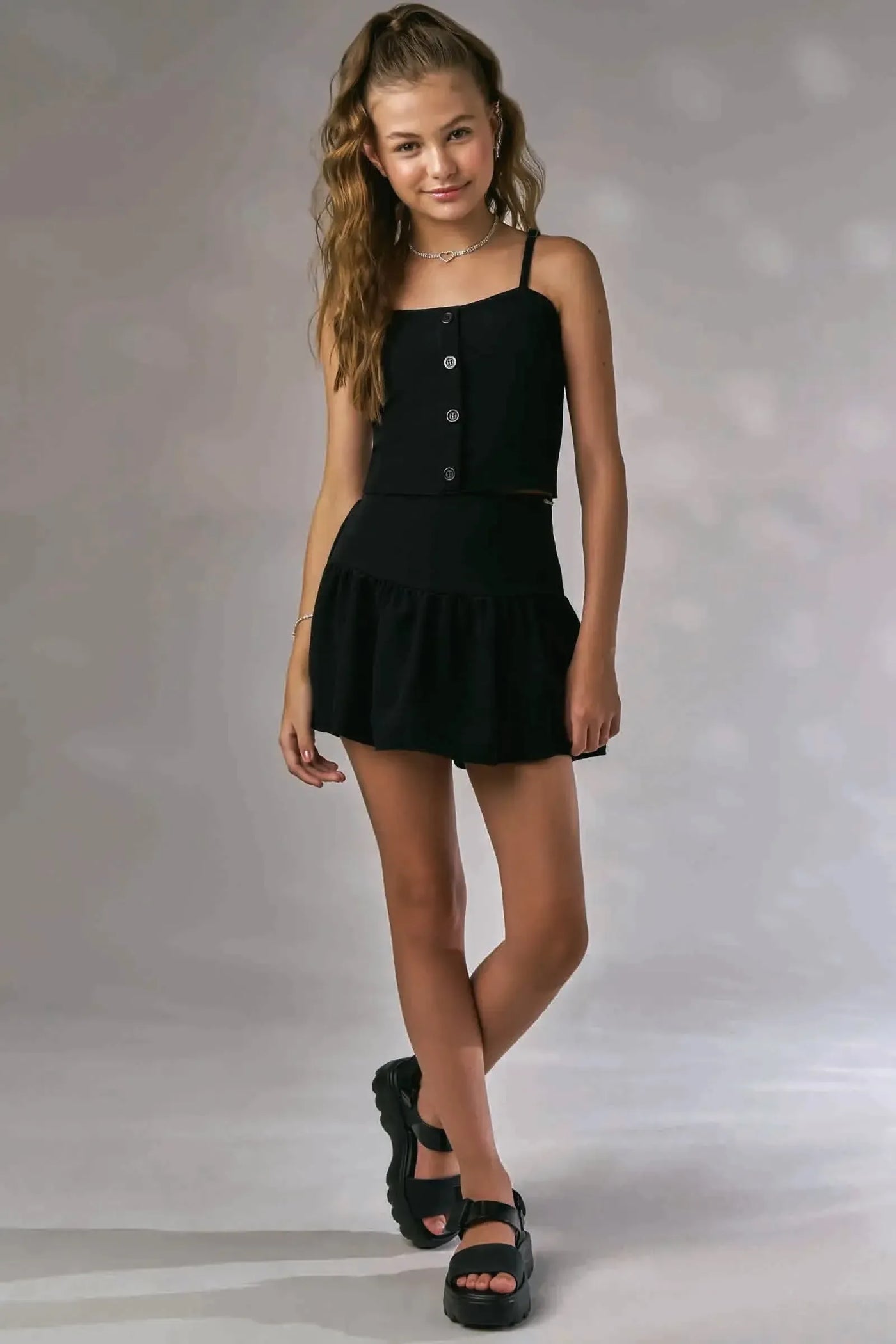 Conjunto de Top Cropped e Short Saia em Crepe Dua Lipa 87474 Lilimoon Teen Menina