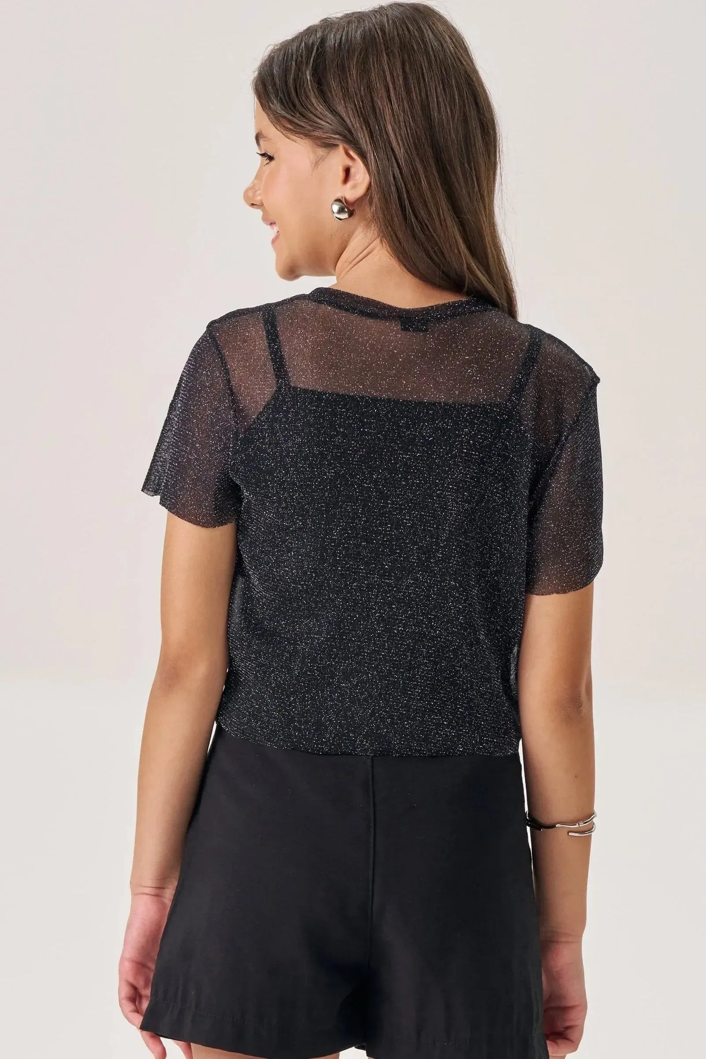 Blusa Boxy Sobreposição em Tule Brilho e Top Cropped em Ribana 86905 Vic&Vicky Teen Menina