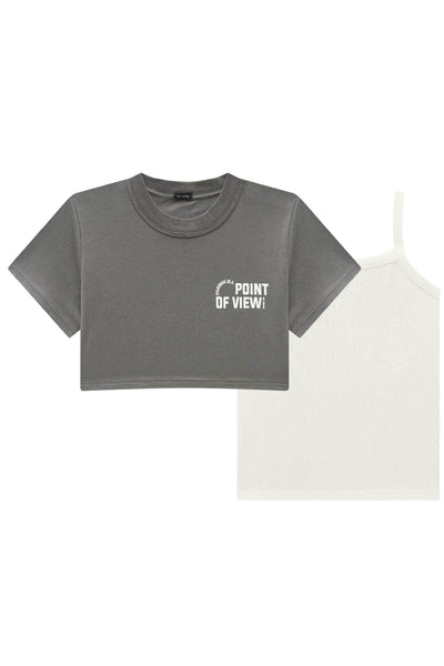 Camiseta Top Cropped Sobreposição em Meia Malha e Regata em Canelado Liz 83541 Vic&Vicky Teen Menina