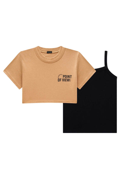 Camiseta Top Cropped Sobreposição em Meia Malha e Regata em Canelado Liz 83541 Vic&Vicky Teen Menina