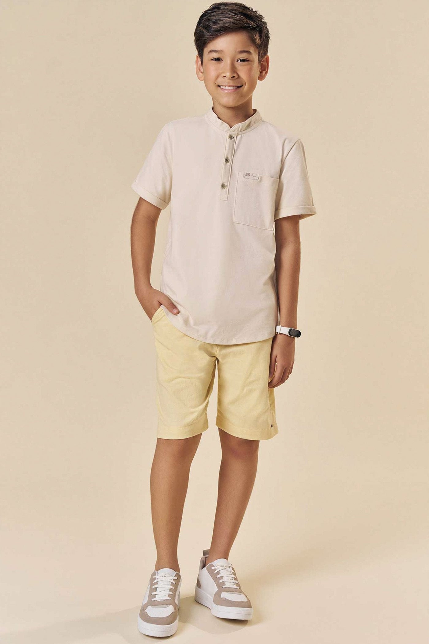 Conjunto de Bata em Meia Malha e Bermuda em Linho Santorine com Elastano 84113 Johnny Fox Teen Menino