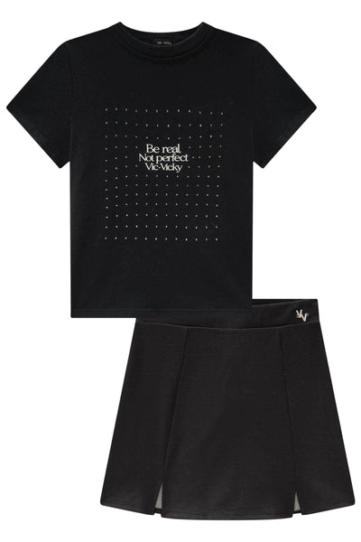 Conjunto de Blusa Boxy em Cotton e Saia em Malha Stretch de Viscose 84656 Vic&Vicky Teen Menina