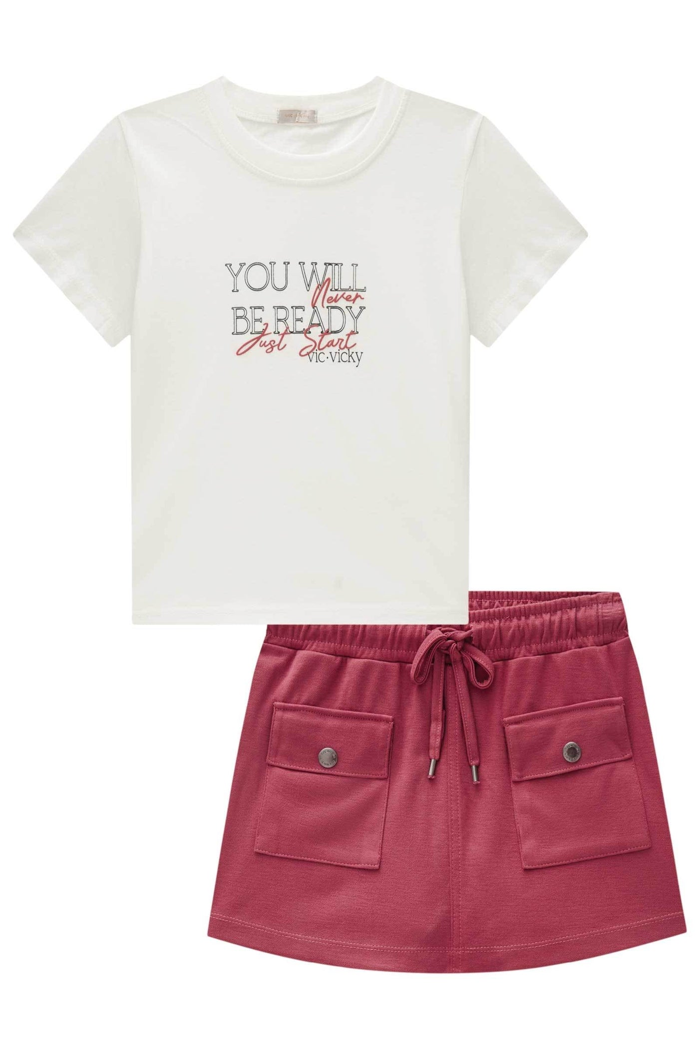 Conjunto de Blusa Boxy em Meia Malha e Short Saia em Malha Stretch 86463 Vic&Vicky Teen Menina