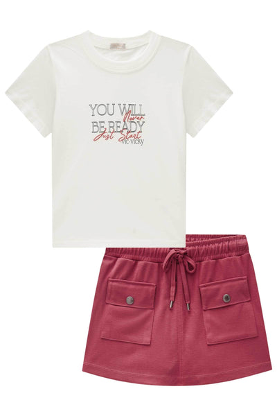 Conjunto de Blusa Boxy em Meia Malha e Short Saia em Malha Stretch 86463 Vic&Vicky Teen Menina