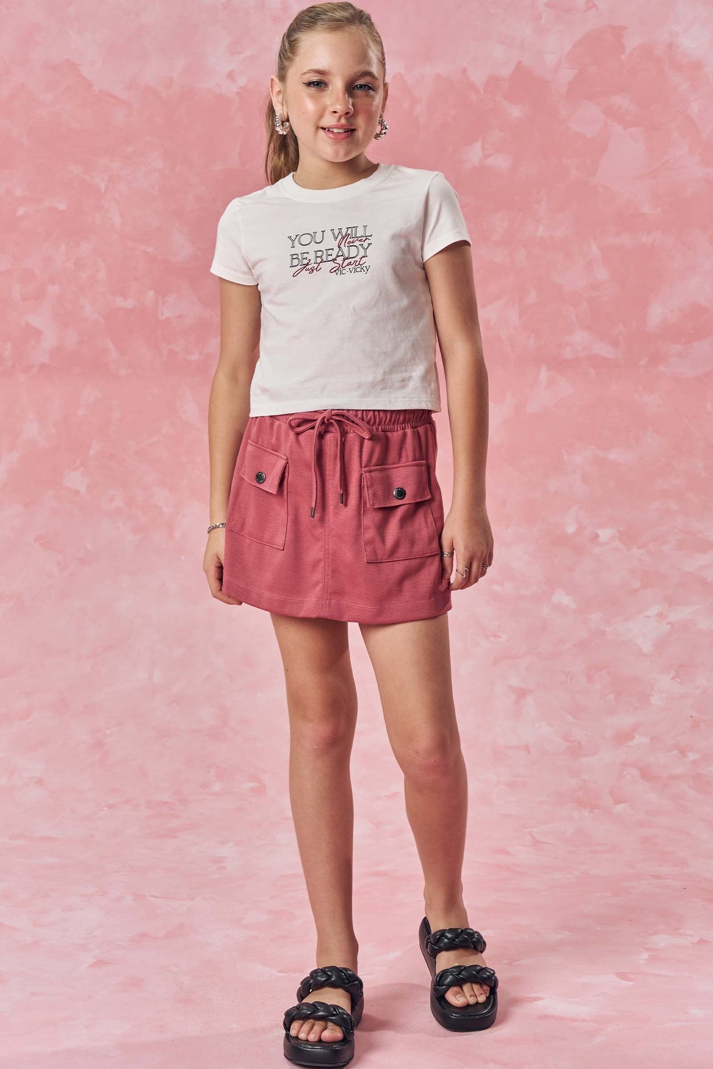 Conjunto de Blusa Boxy em Meia Malha e Short Saia em Malha Stretch 86463 Vic&Vicky Teen Menina