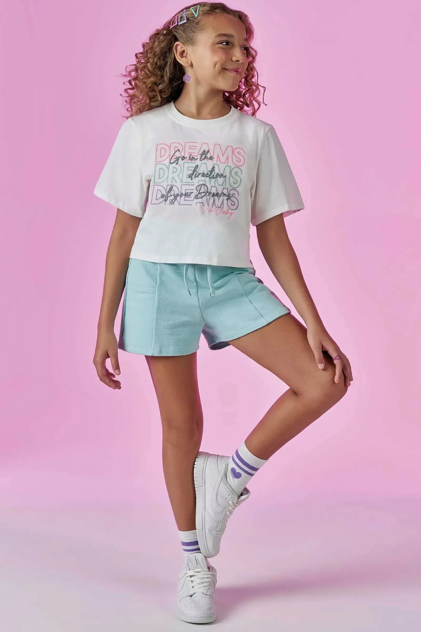 Conjunto de Blusa Boxy Over em Meia Malha e Shorts em Moletom sem Pelúcia 86748 Vic&Vicky Teen Menina