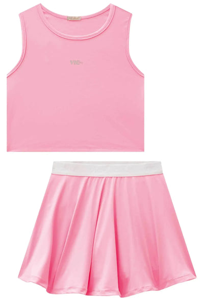 Conjunto de Blusa Cropped e Saia com Shorts Embutido em Malha UV 50+ 87098 Vic&Vicky Teen Menina