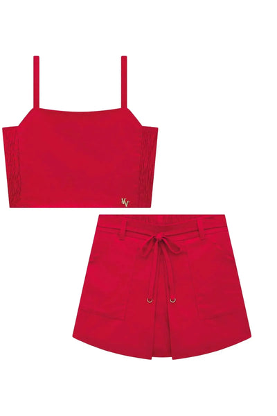 Conjunto de Blusa Cropped e Short Saia em Blend de Linho com Elastano 86689 Vic&Vicky Teen Menina