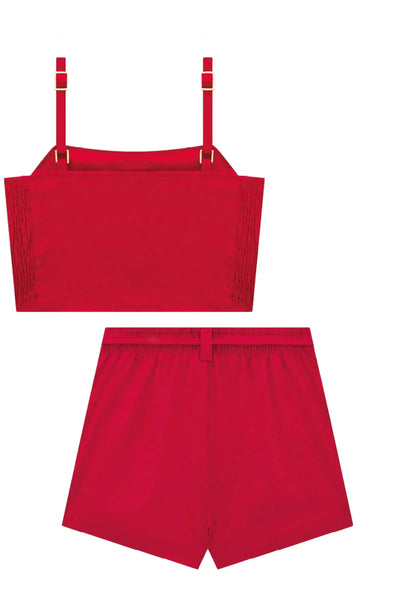 Conjunto de Blusa Cropped e Short Saia em Blend de Linho com Elastano 86689 Vic&Vicky Teen Menina