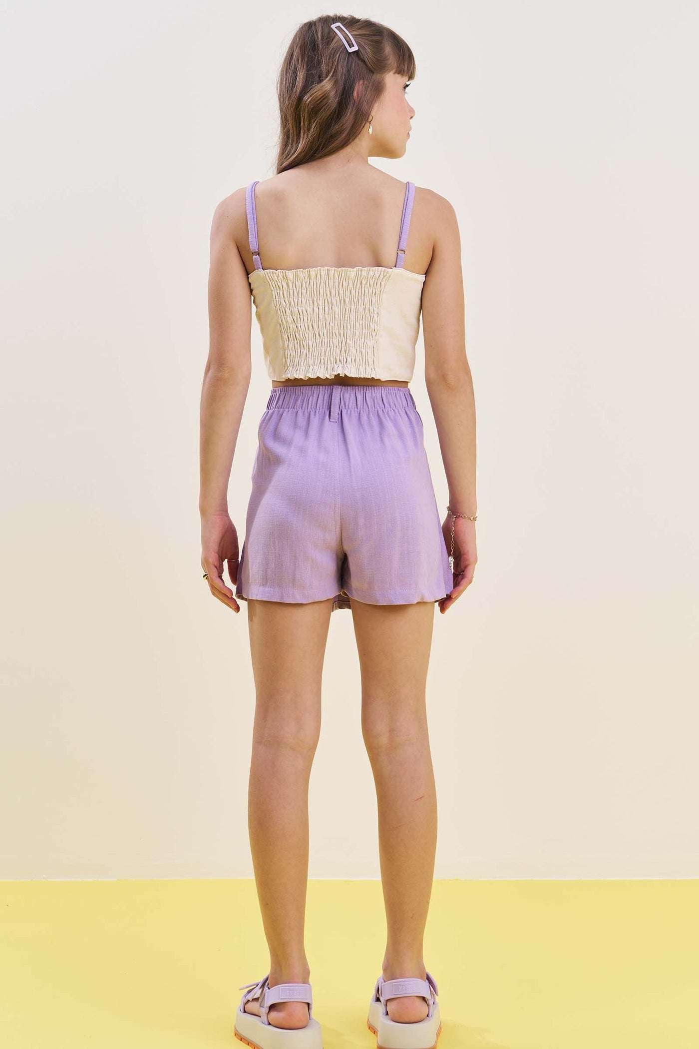 Conjunto de Blusa Cropped e Short Saia em Viscolinho 85322 Vic&Vicky Teen Menina