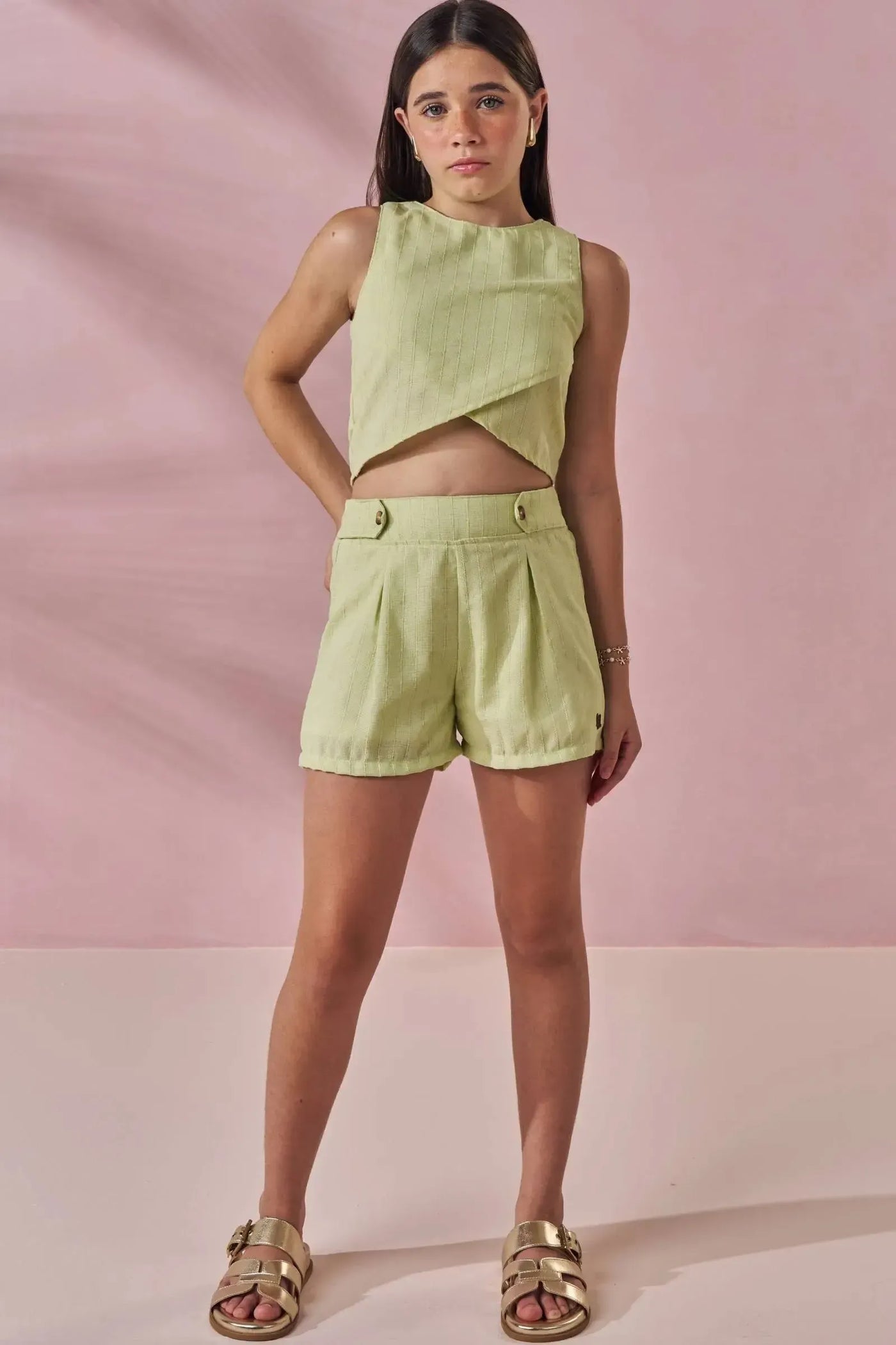Conjunto de Blusa Cropped e Shorts em Linho Milano 87758 Lilimoon Teen Menina