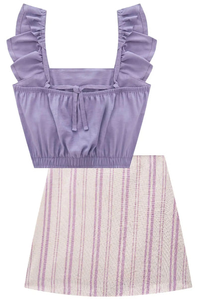 Conjunto Teen Menina de Blusa Cropped em Alfaiataria e Saia em Linho Listrado 81467 Vic&Vicky