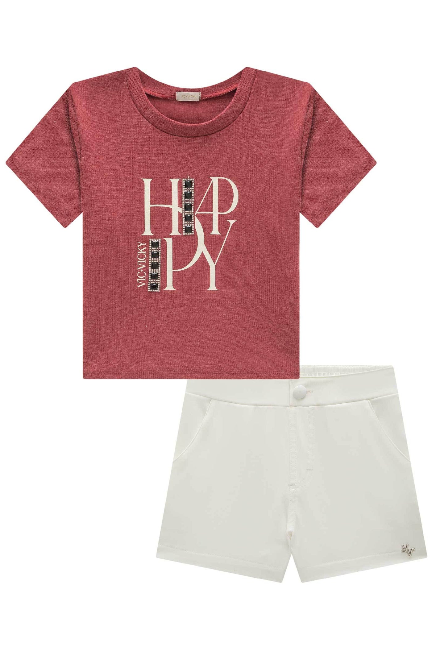 Conjunto de Blusa Cropped em Canelado Liz e Shorts em Alfaiataria Twill 84924 Vic&Vicky Teen Menina