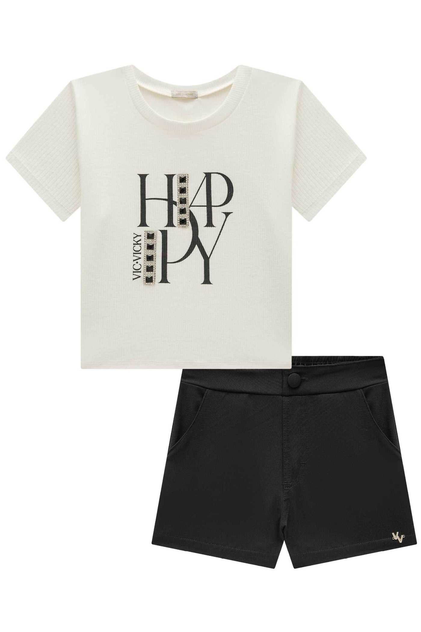 Conjunto de Blusa Cropped em Canelado Liz e Shorts em Alfaiataria Twill 84924 Vic&Vicky Teen Menina