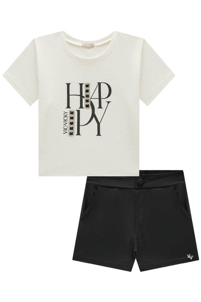 Conjunto de Blusa Cropped em Canelado Liz e Shorts em Alfaiataria Twill 84924 Vic&Vicky Teen Menina