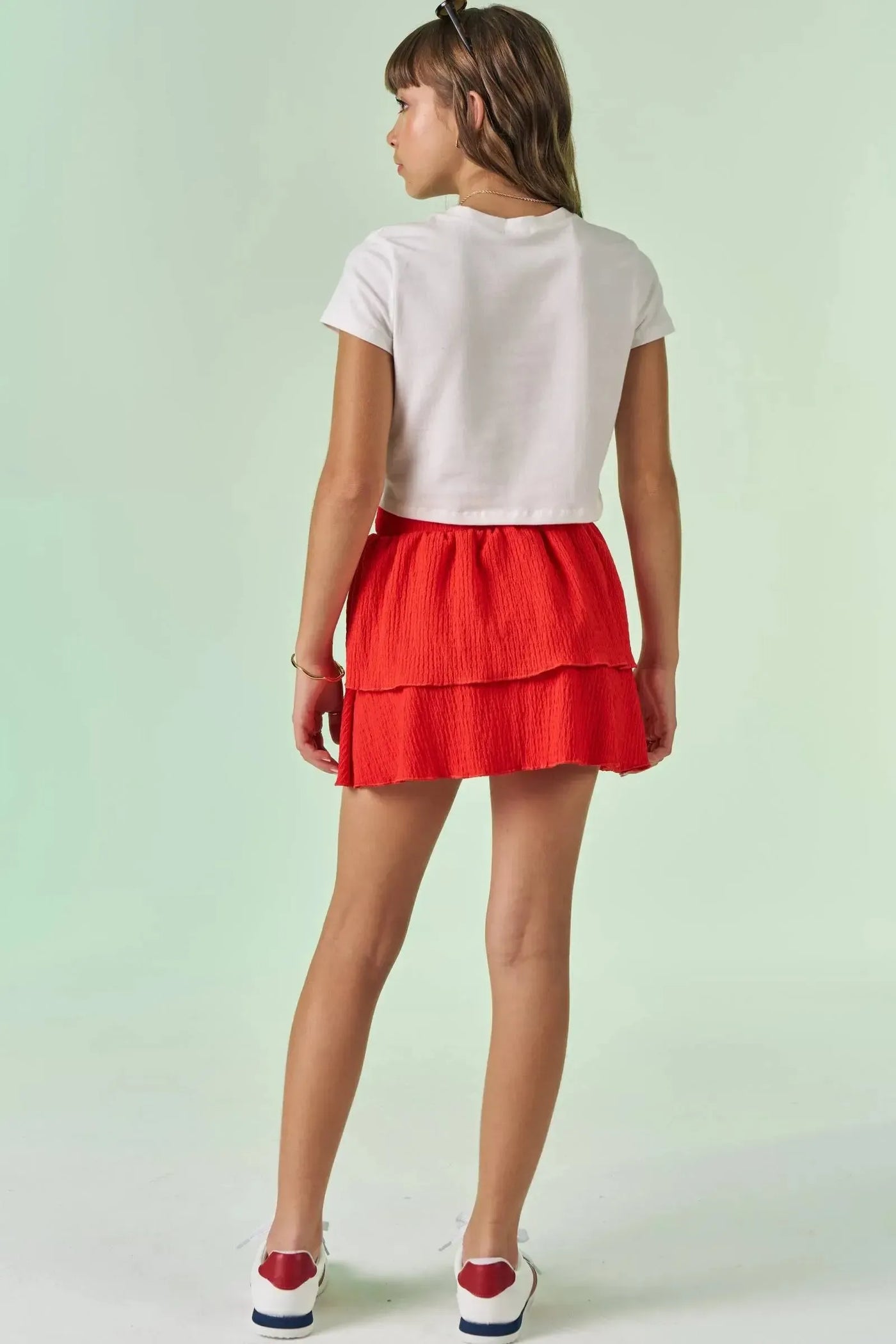 Conjunto de Blusa Cropped em Cotton e Saia Ruffles em Malha Texturizada 86728 Vic&Vicky Teen Menina