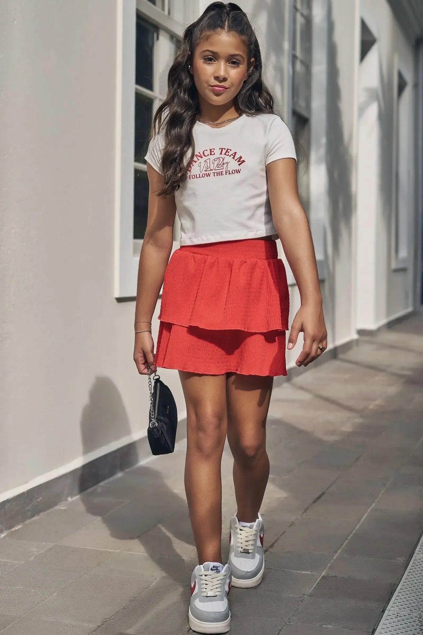 Conjunto de Blusa Cropped em Cotton e Saia Ruffles em Malha Texturizada 86728 Vic&Vicky Teen Menina