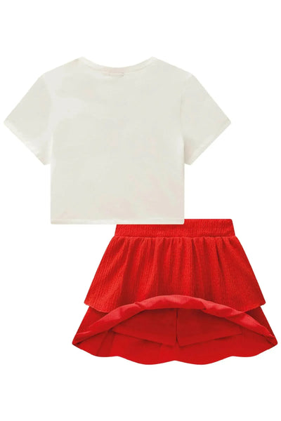 Conjunto de Blusa Cropped em Cotton e Saia Ruffles em Malha Texturizada 86728 Vic&Vicky Teen Menina