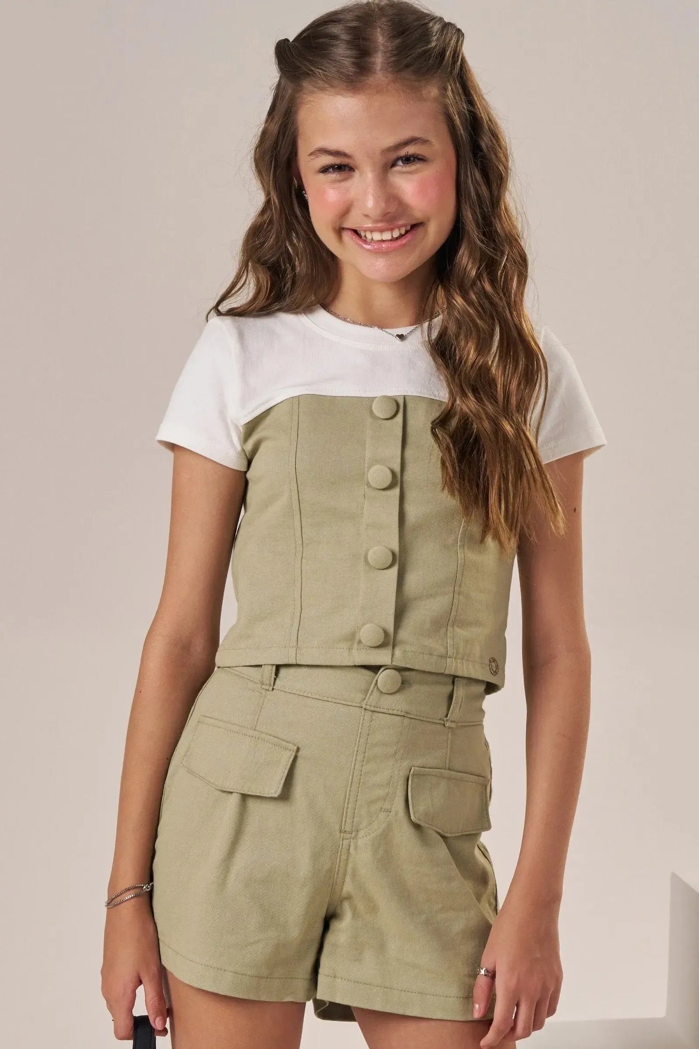 Conjunto de Blusa Cropped em Cotton e Sarja com Elastano e Shorts em Sarja com Elastano 86363 Lilimoon Teen Menina