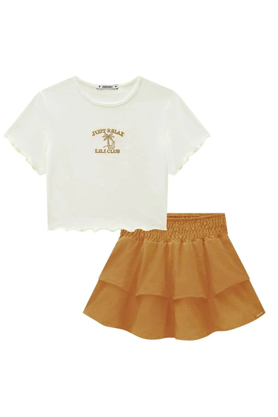Conjunto de Blusa Cropped em Ribana 1x1 e Saia em Laise Tiffany com Shorts Embutido 87756 Lilimoon Teen Menina