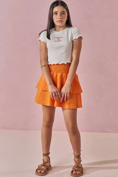 Conjunto de Blusa Cropped em Ribana 1x1 e Saia em Laise Tiffany com Shorts Embutido 87756 Lilimoon Teen Menina