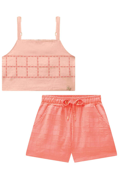 Conjunto de Blusa Cropped em Viscolinho e Shorts em Tecido Grid Chenille 83711 Vic&Vicky Teen Menina