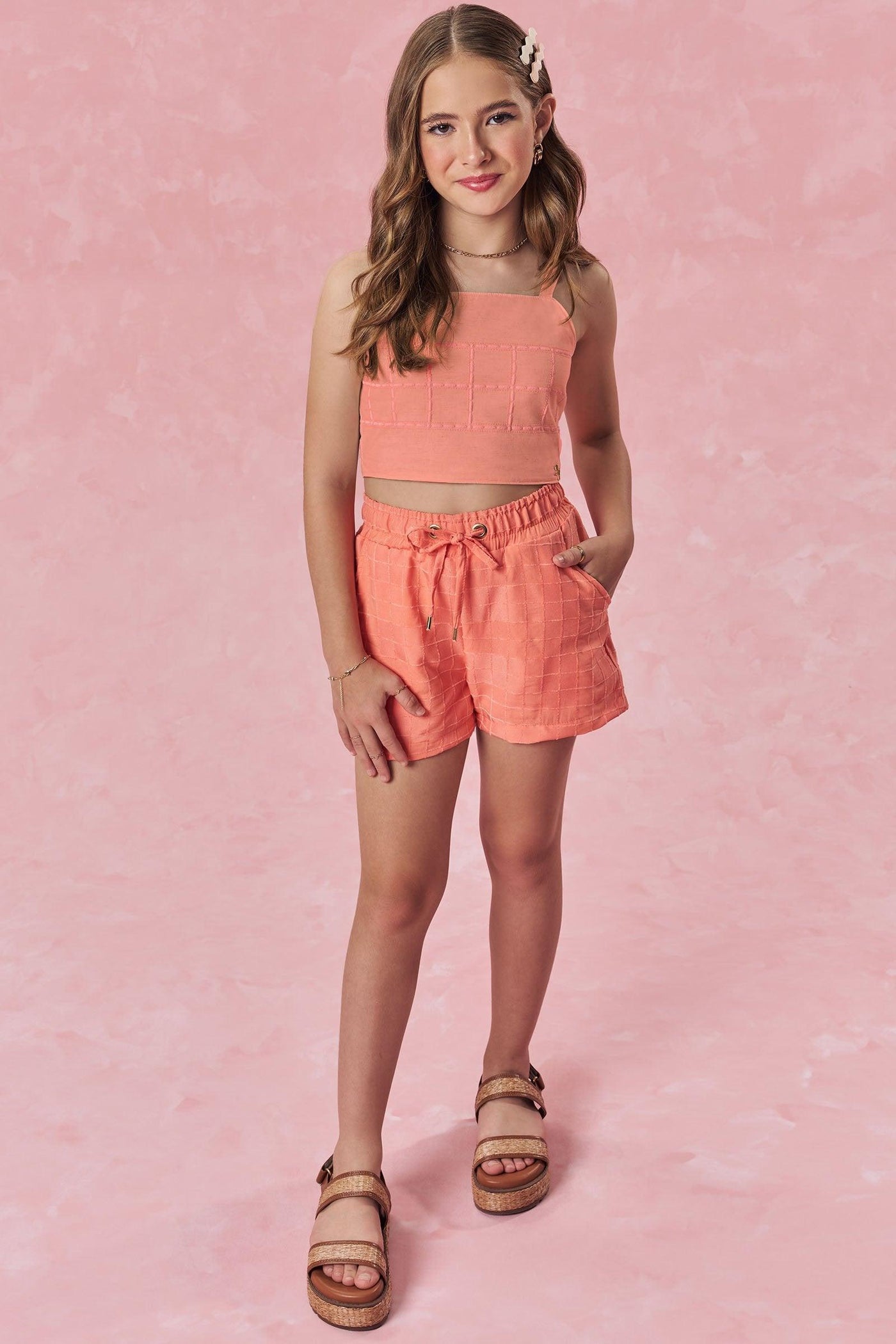 Conjunto de Blusa Cropped em Viscolinho e Shorts em Tecido Grid Chenille 83711 Vic&Vicky Teen Menina