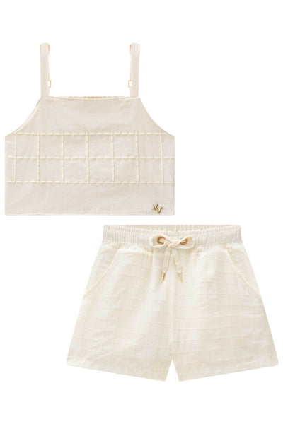 Conjunto de Blusa Cropped em Viscolinho e Shorts em Tecido Grid Chenille 83711 Vic&Vicky Teen Menina