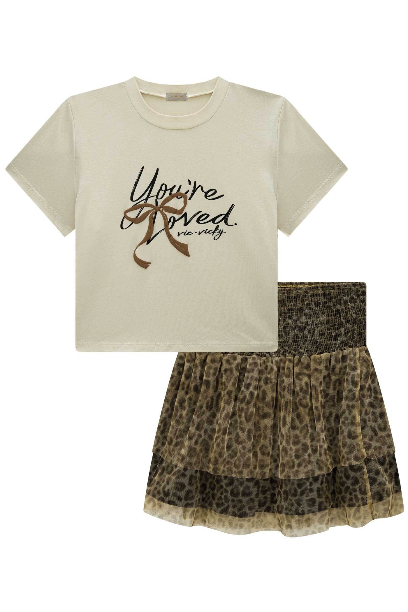 Conjunto de Blusa Cropped em Viscolycra e Saia Ruffles em Tule 85202 Vic&Vicky Teen Menina