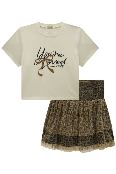 Conjunto de Blusa Cropped em Viscolycra e Saia Ruffles em Tule 85202 Vic&Vicky Teen Menina