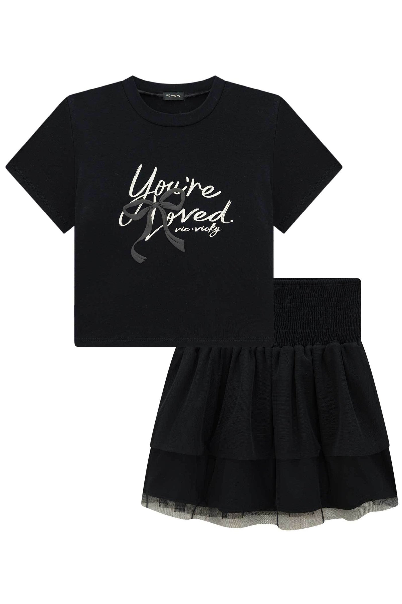 Conjunto de Blusa Cropped em Viscolycra e Saia Ruffles em Tule 85202 Vic&Vicky Teen Menina