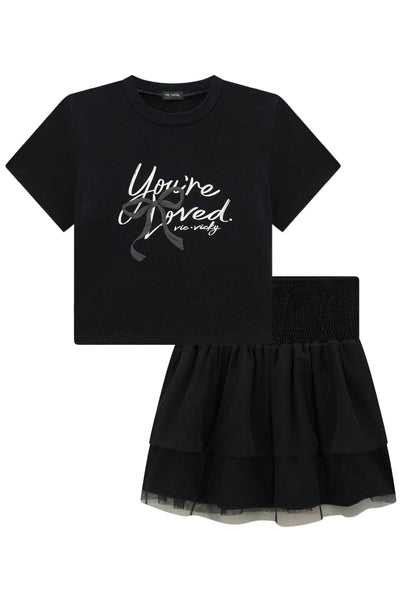 Conjunto de Blusa Cropped em Viscolycra e Saia Ruffles em Tule 85202 Vic&Vicky Teen Menina