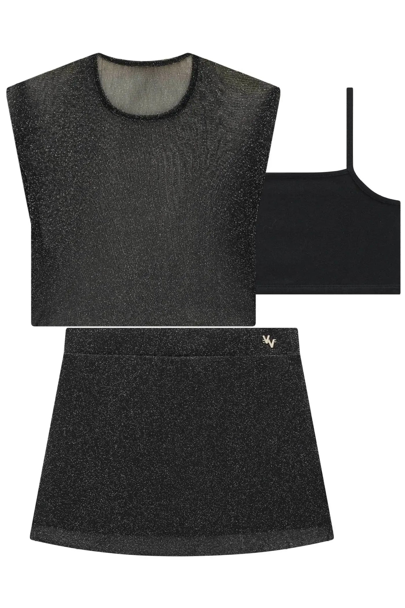 Conjunto de Blusa Cropped Sobreposição Top em Cotton e Saia em Tule Brilho 86733 Vic&Vicky Teen Menina