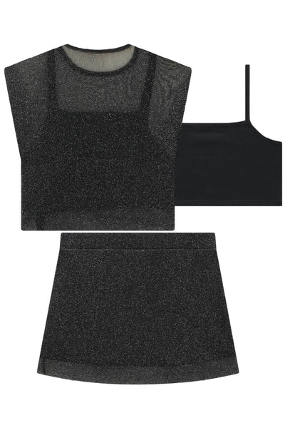 Conjunto de Blusa Cropped Sobreposição Top em Cotton e Saia em Tule Brilho 86733 Vic&Vicky Teen Menina