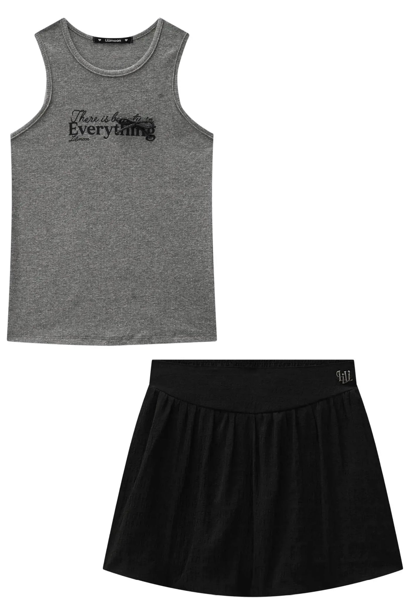 Conjunto de Blusa em Canelado e Saia Balonê em Tecido Texturizado Isla 87493 Lilimoon Teen Menina