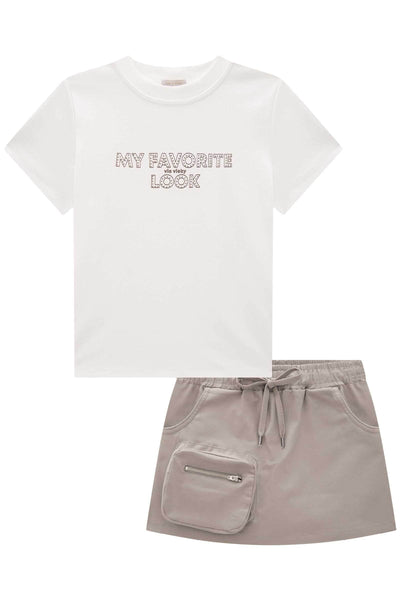 Conjunto de Blusa em Canelado Liz e Short Saia em Sarja com Elastano 83923 Vic&Vicky Teen Menina