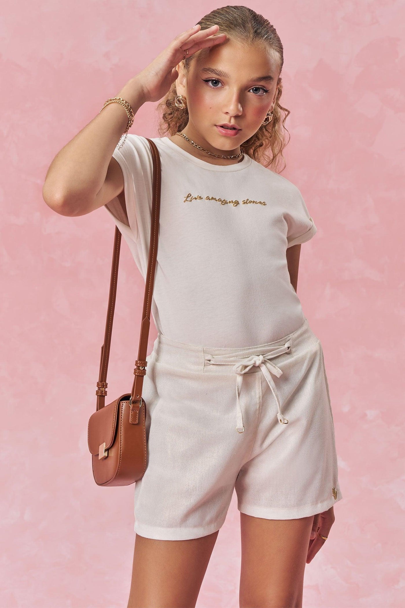 Conjunto de Blusa em Cotton e Shorts em Linho Gold 83926 Vic&Vicky Teen Menina