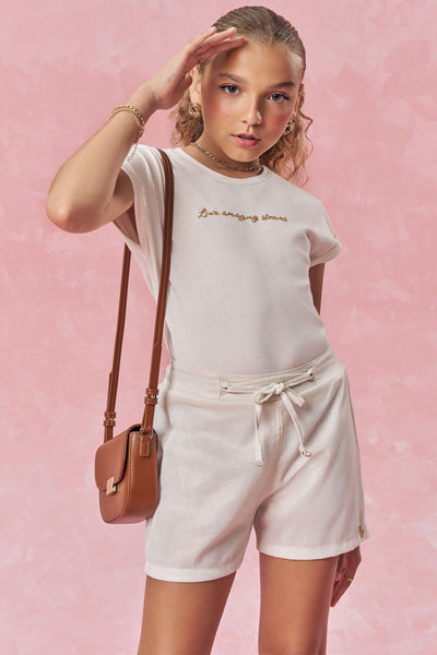 Conjunto de Blusa em Cotton e Shorts em Linho Gold 83926 Vic&Vicky Teen Menina