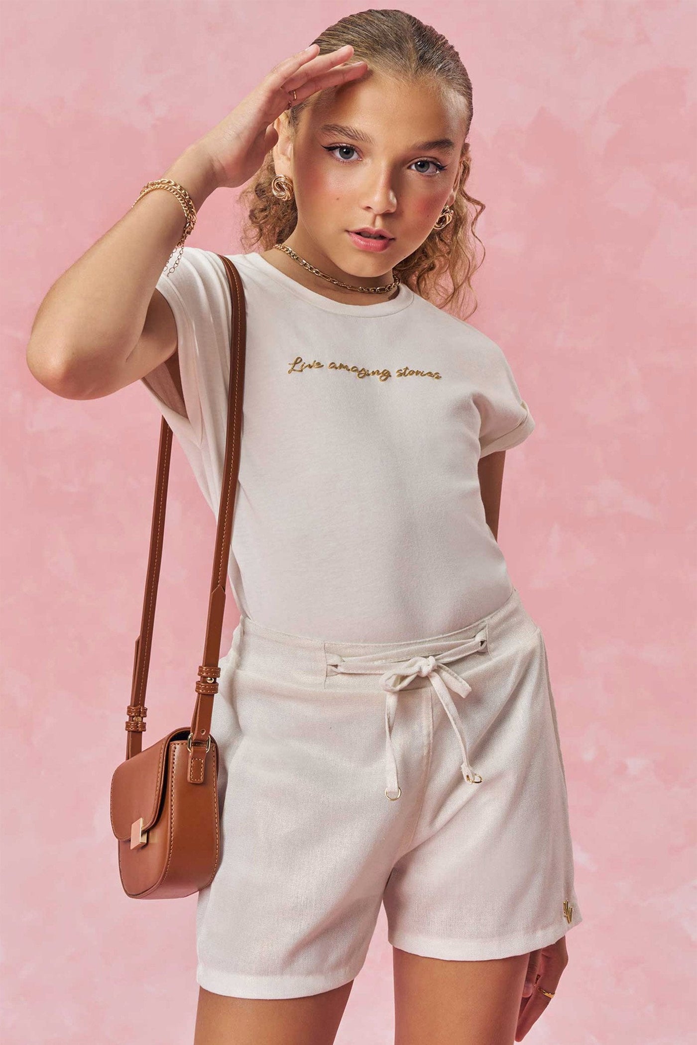 Conjunto de Blusa em Cotton e Shorts em Linho Gold 83926 Vic&Vicky Teen Menina