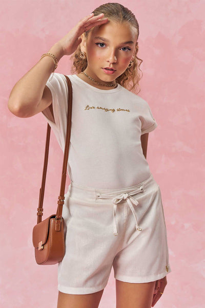 Conjunto de Blusa em Cotton e Shorts em Linho Gold 83926 Vic&Vicky Teen Menina