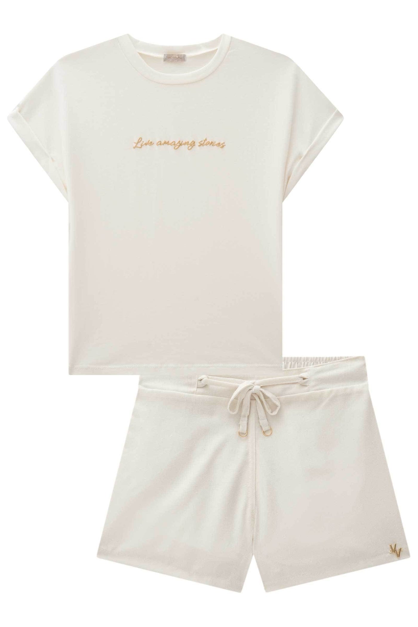 Conjunto de Blusa em Cotton e Shorts em Linho Gold 83926 Vic&Vicky Teen Menina