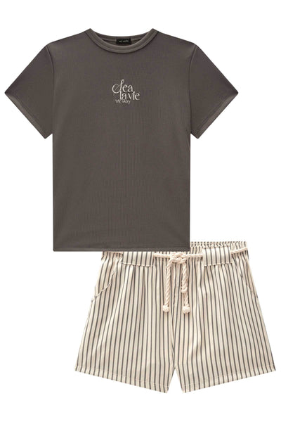 Conjunto de Blusa em Ribana 1x1 e Shorts em Techno Stretch 83704 Vic&Vicky Teen Menina