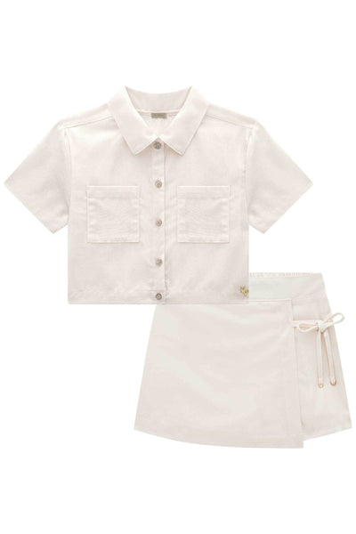 Conjunto de Camisa Boxy e Short Saia em Linho Gold 83707 Vic&Vicky Teen Menina