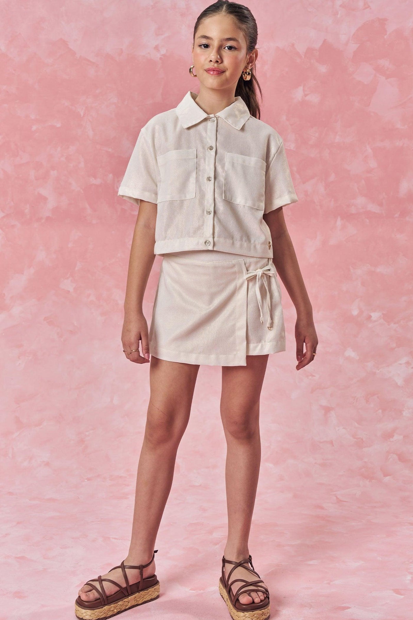 Conjunto de Camisa Boxy e Short Saia em Linho Gold 83707 Vic&Vicky Teen Menina