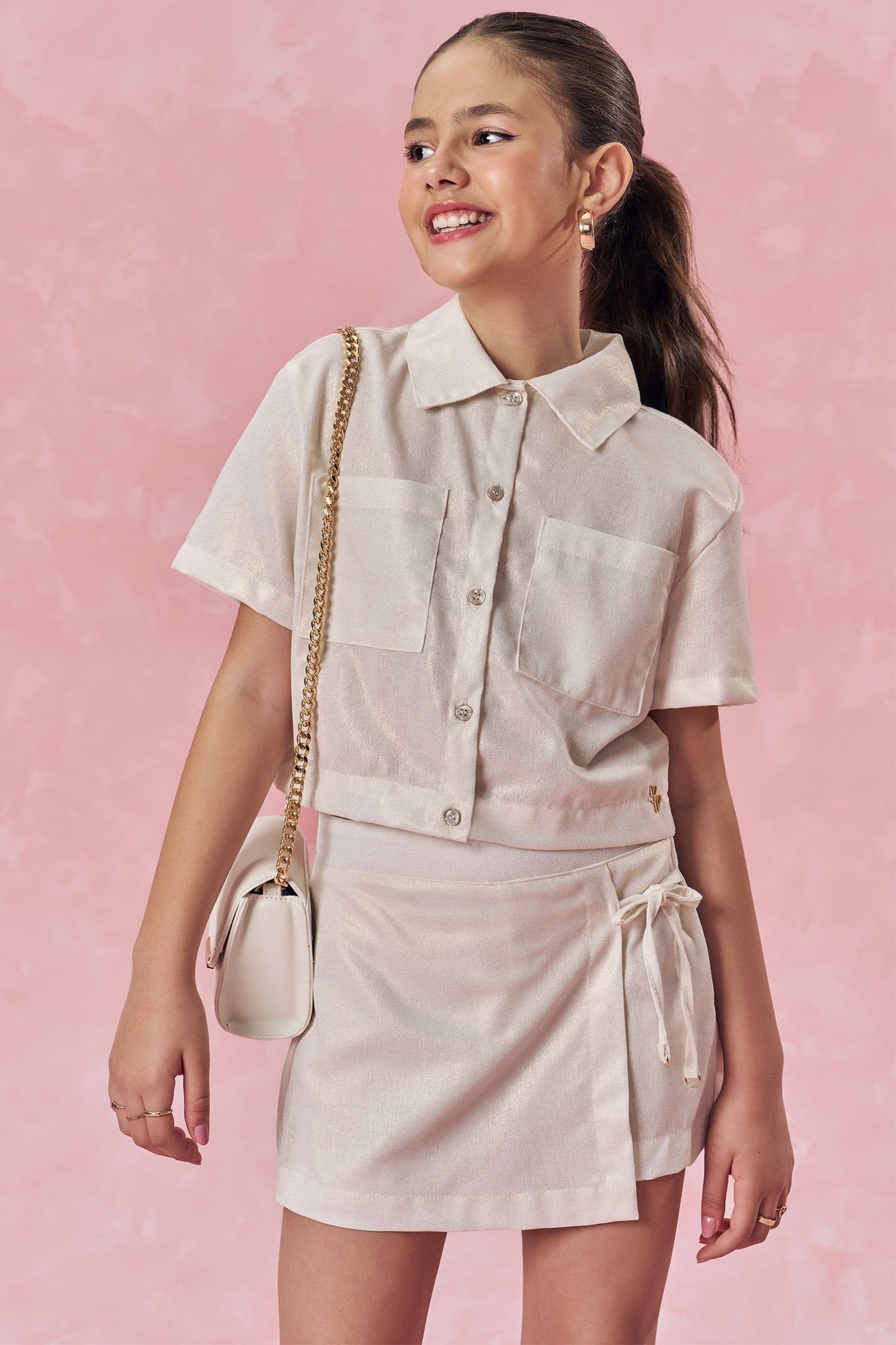 Conjunto de Camisa Boxy e Short Saia em Linho Gold 83707 Vic&Vicky Teen Menina