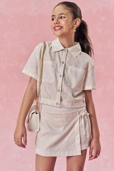 Conjunto de Camisa Boxy e Short Saia em Linho Gold 83707 Vic&Vicky Teen Menina