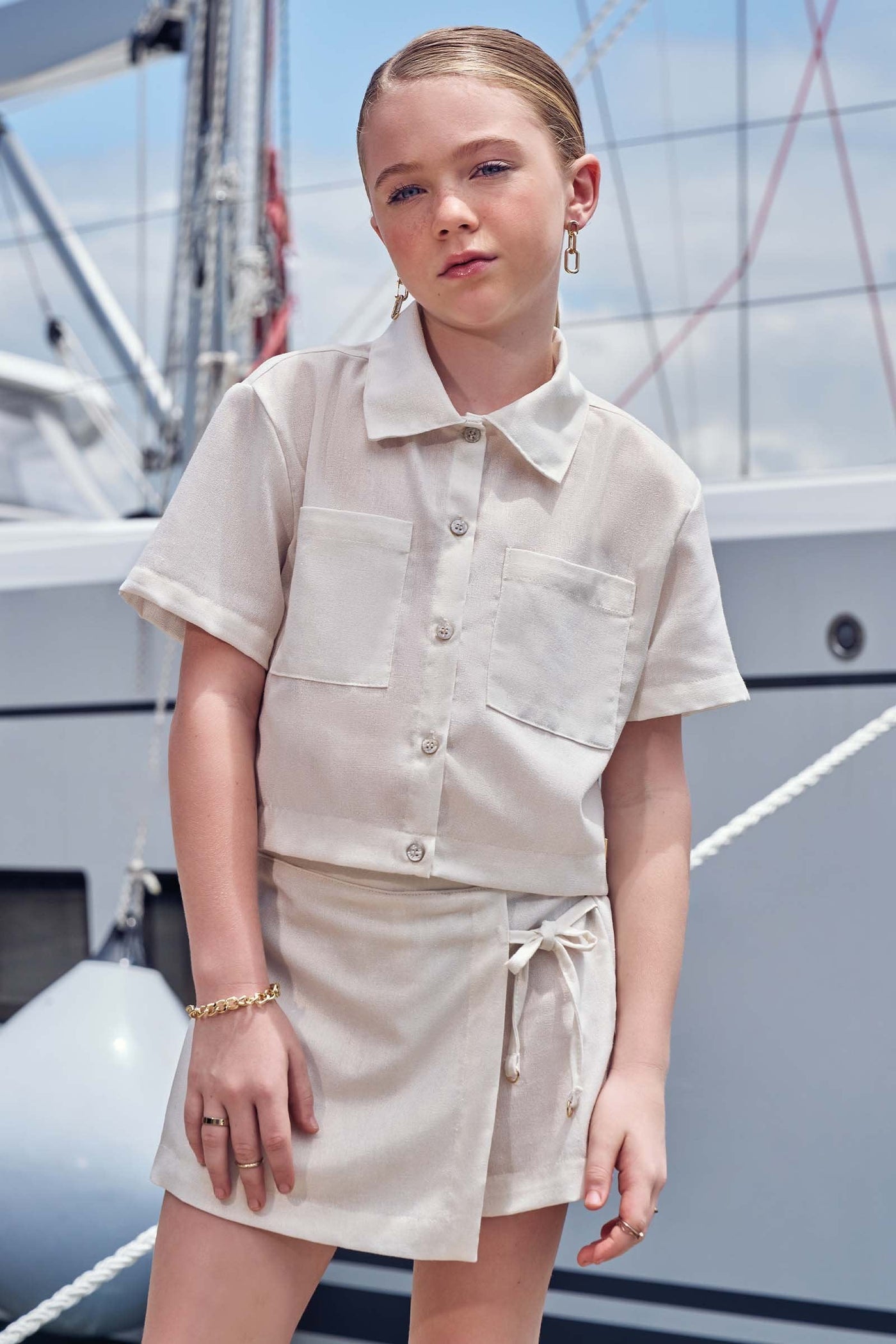 Conjunto de Camisa Boxy e Short Saia em Linho Gold 83707 Vic&Vicky Teen Menina