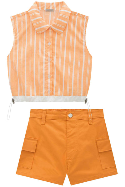 Conjunto de Camisa Boxy Over em Tricoline e Shorts em Sarja com Elastano 83920 Vic&Vicky Teen Menina