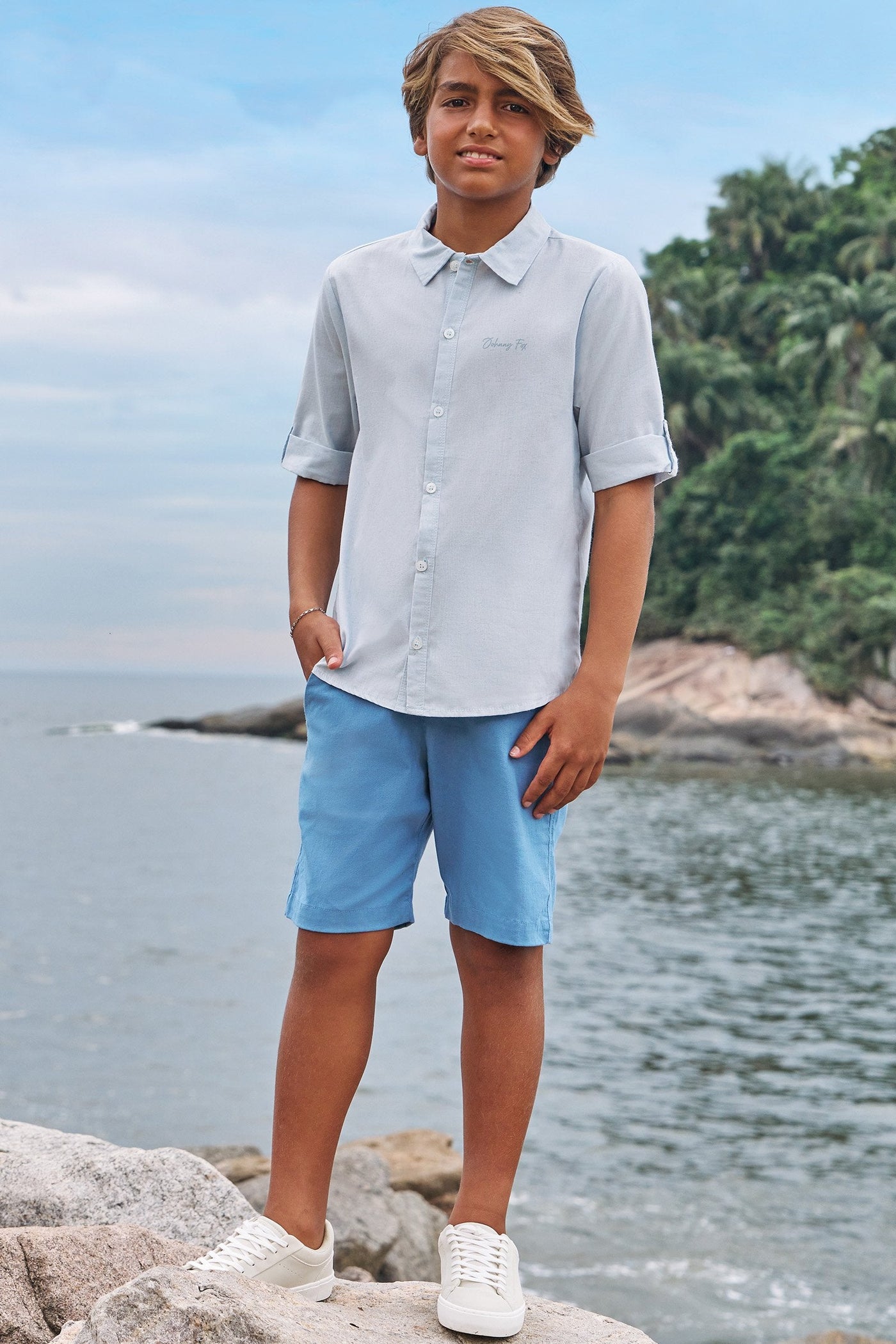 Conjunto de Camisa em Linho Deluxe e Bermuda em Linho Santorine com Elastano 84108 Johnny Fox Teen Menino