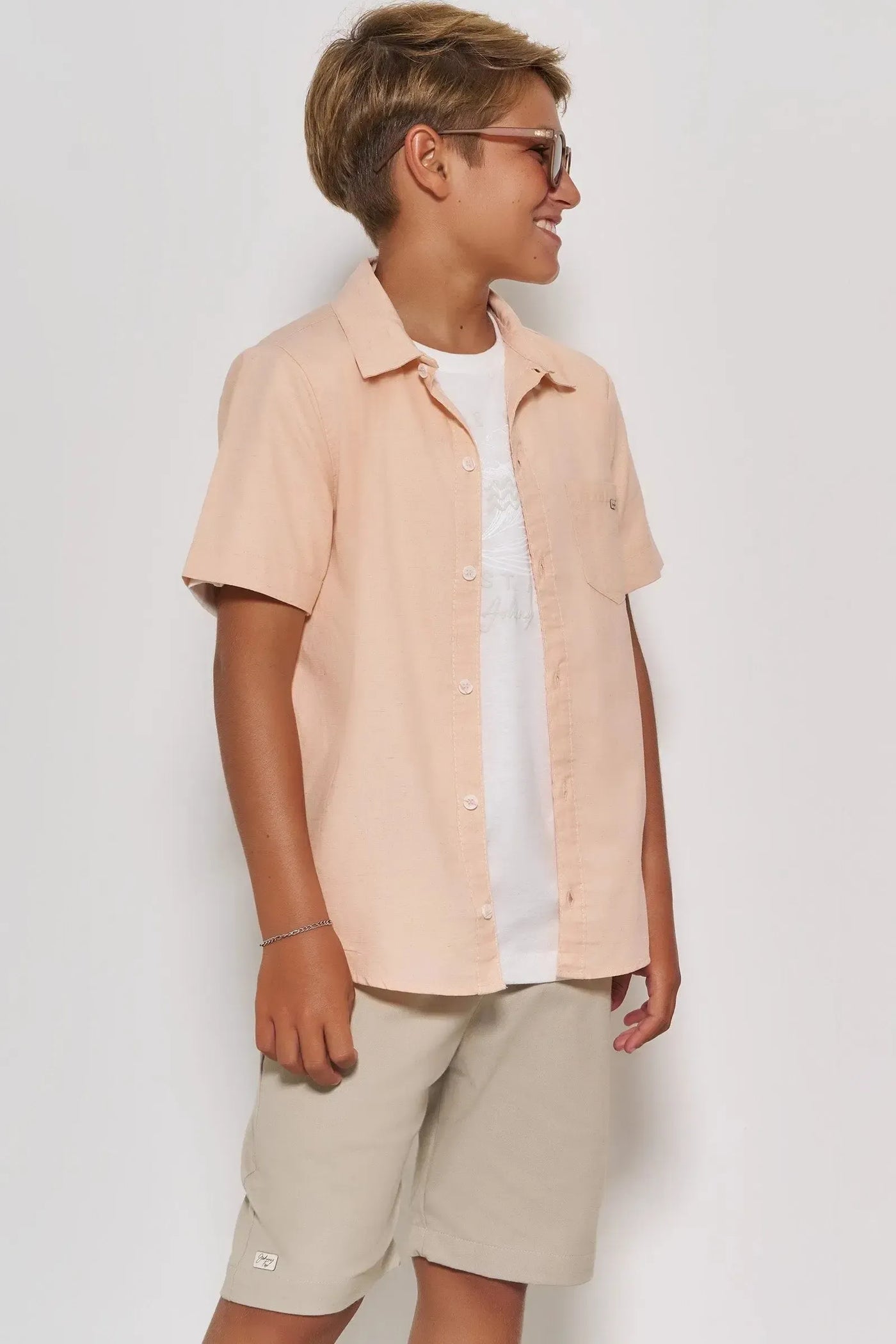 Conjunto de Camisa em Linho Deluxe e Bermuda em Sarja Girassol com Elastano 87719 Johnny Fox Teen Menino